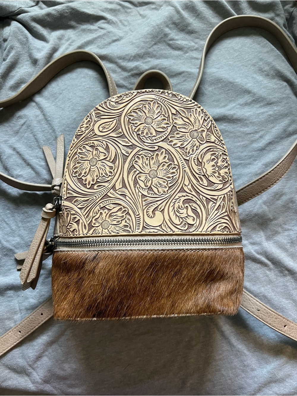 Trinity Ranch Embossed Floral faux Leather & Brown Haircalf Mini Backpack